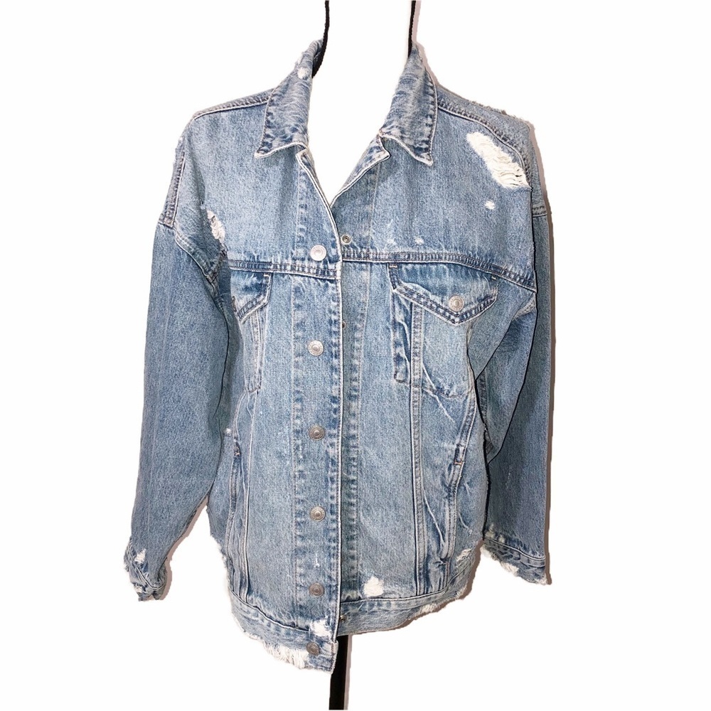 American Eagle Trucker Jacket Size Small Denim Jean Blue Distressed Unisex